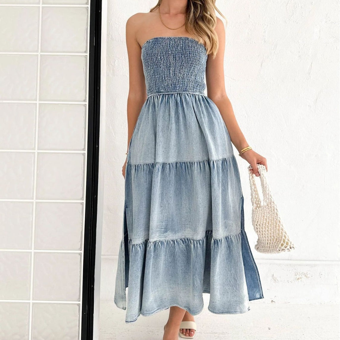 Vestido vaquero sexy con top de tubo y costuras plisadas a la moda para mujer
