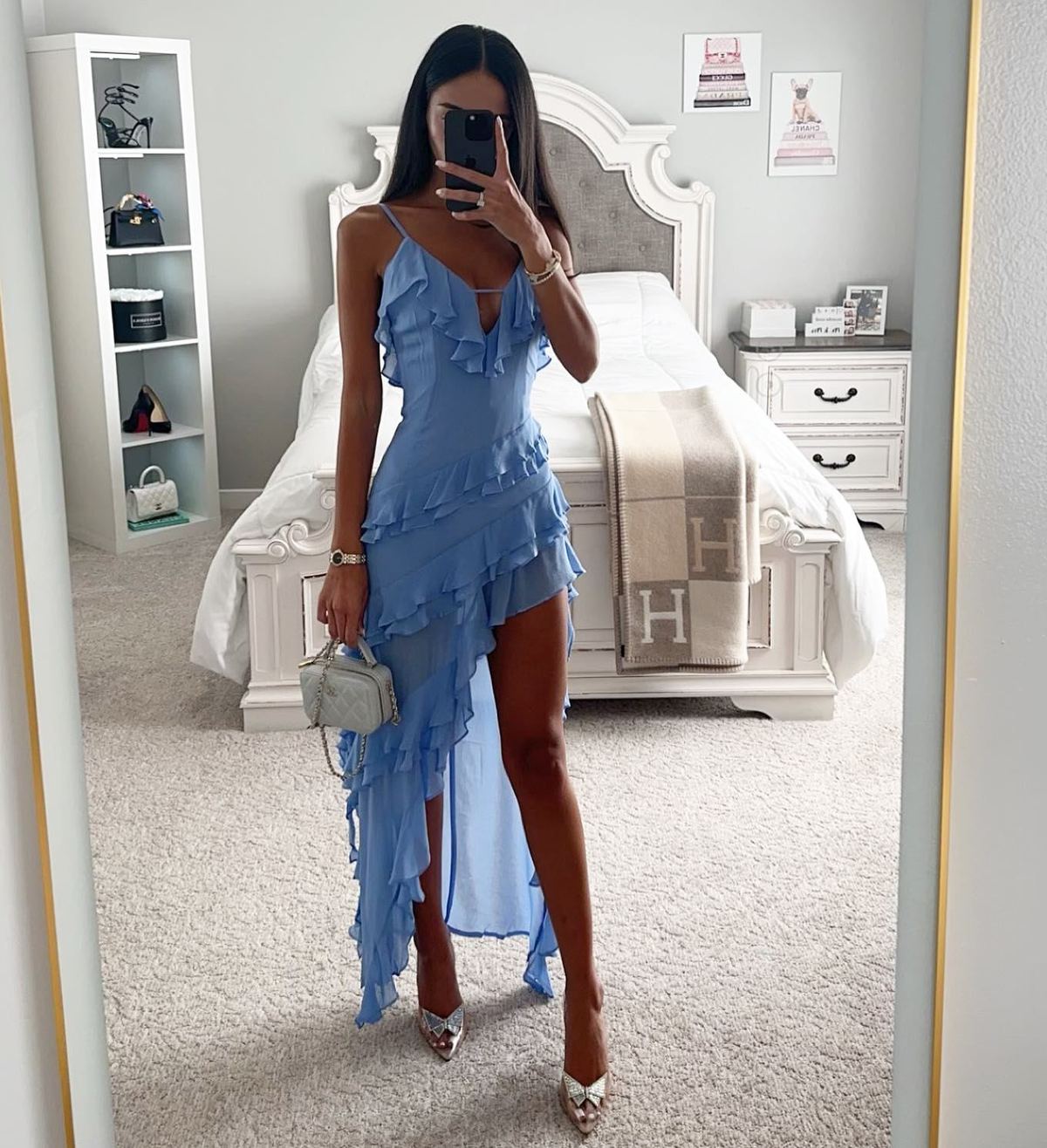 Women Sexy Irregular Ruffled Spaghetti Strap Dress in Sky Blue