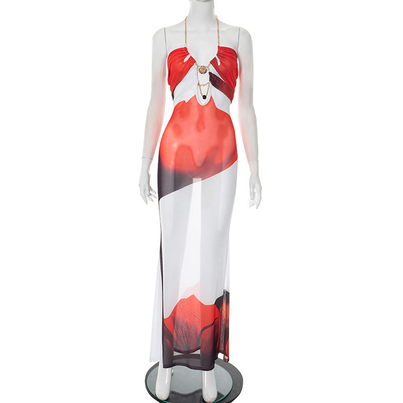 Robe sexy à imprimé floral et chaîne coquillages pour femme