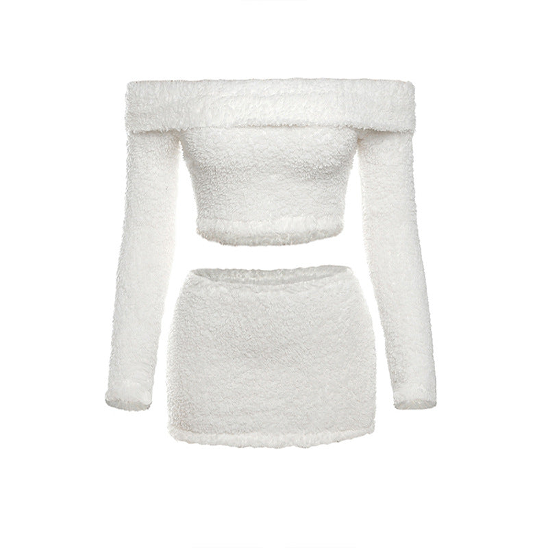 Women Solid Color Autumn Winter Plush Skirt Set