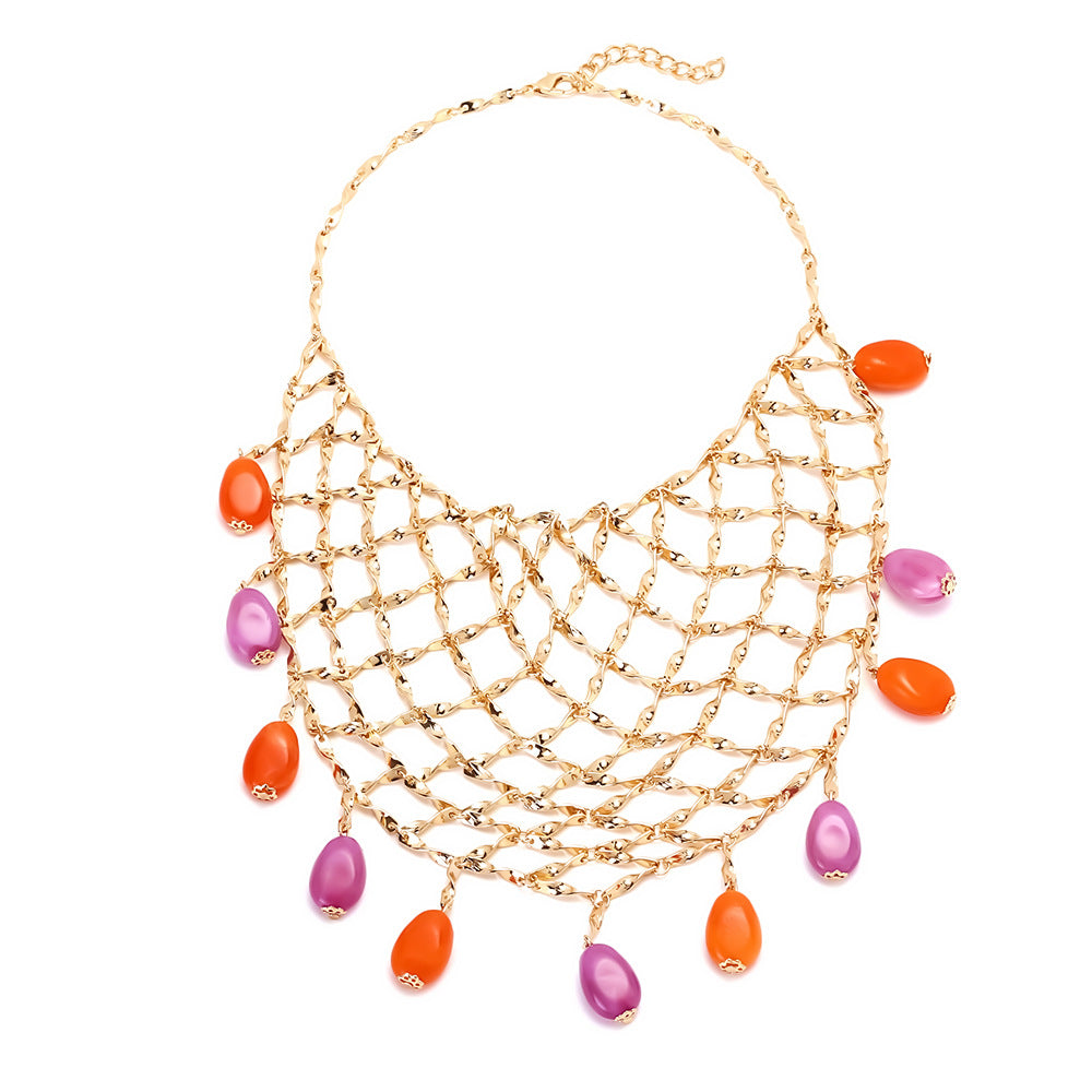 Collar creativo de malla metálica tejida a mano para mujer con colgante de cuentas de colores