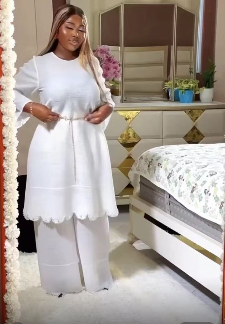 African Women Pleated Solid Color Beaded Casual Set