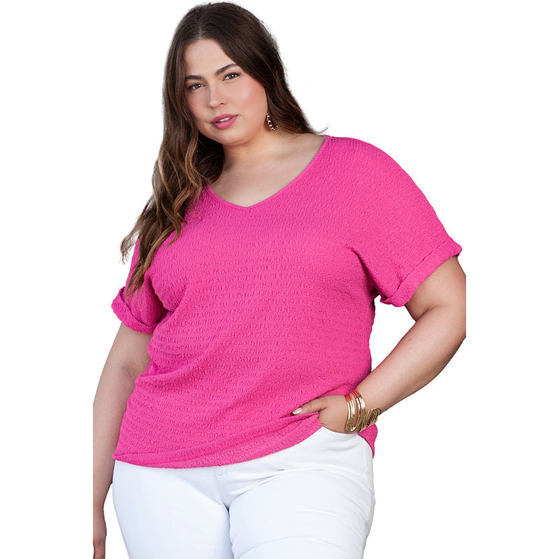 Women Summer Simple Plus Size V-Neck Short-Sleeve Blank T-Shirt
