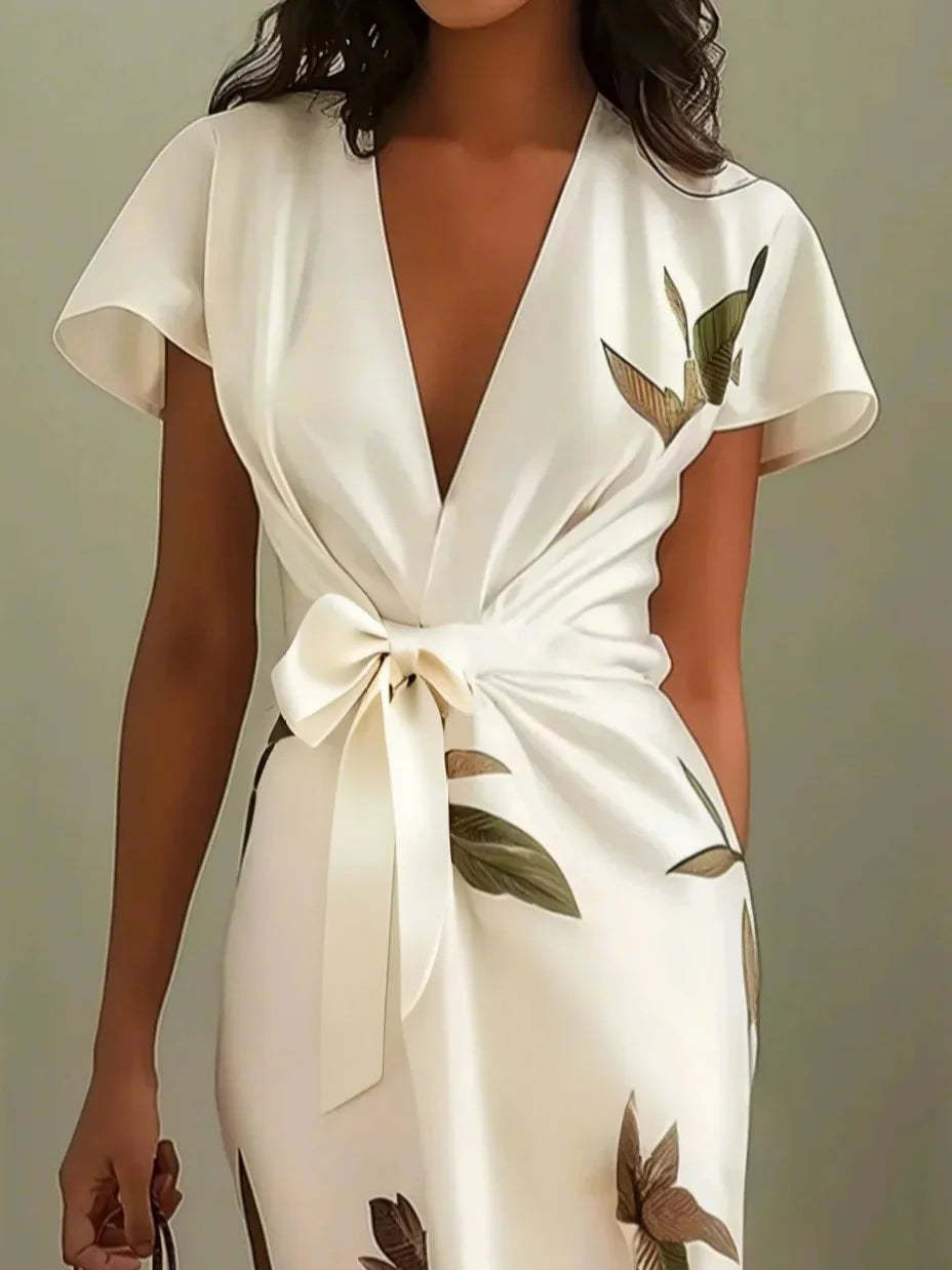Robe décontractée en satin imprimé à manches courtes et col en V pour femme
