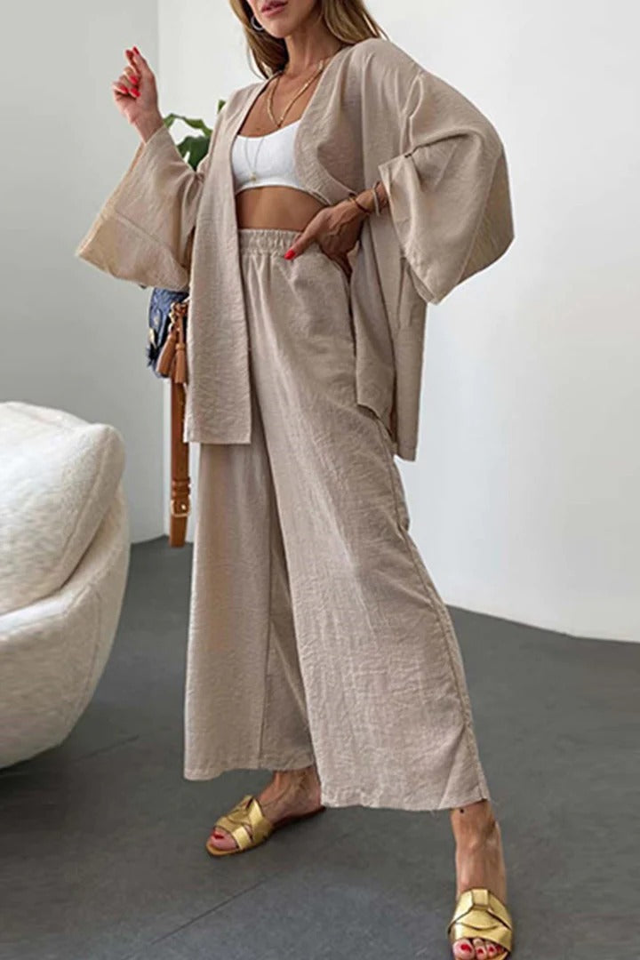 Women Fashion Casual Cotton Linen Cardigan Set