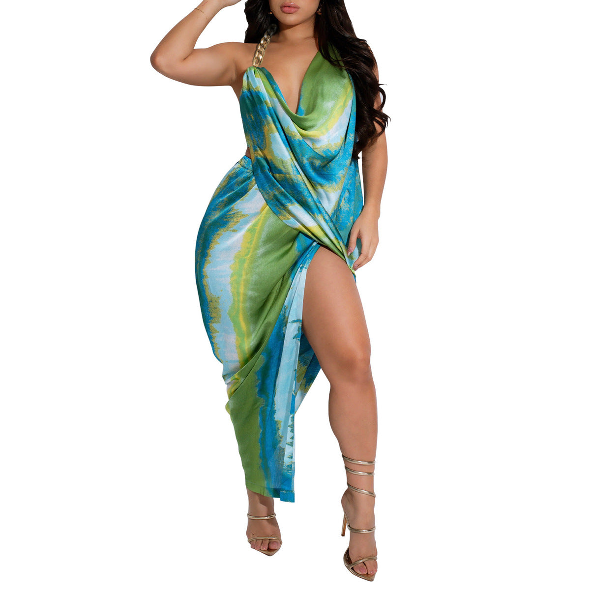 Robe sexy à col licou en satin de soie tie-dye irrégulière pour femme