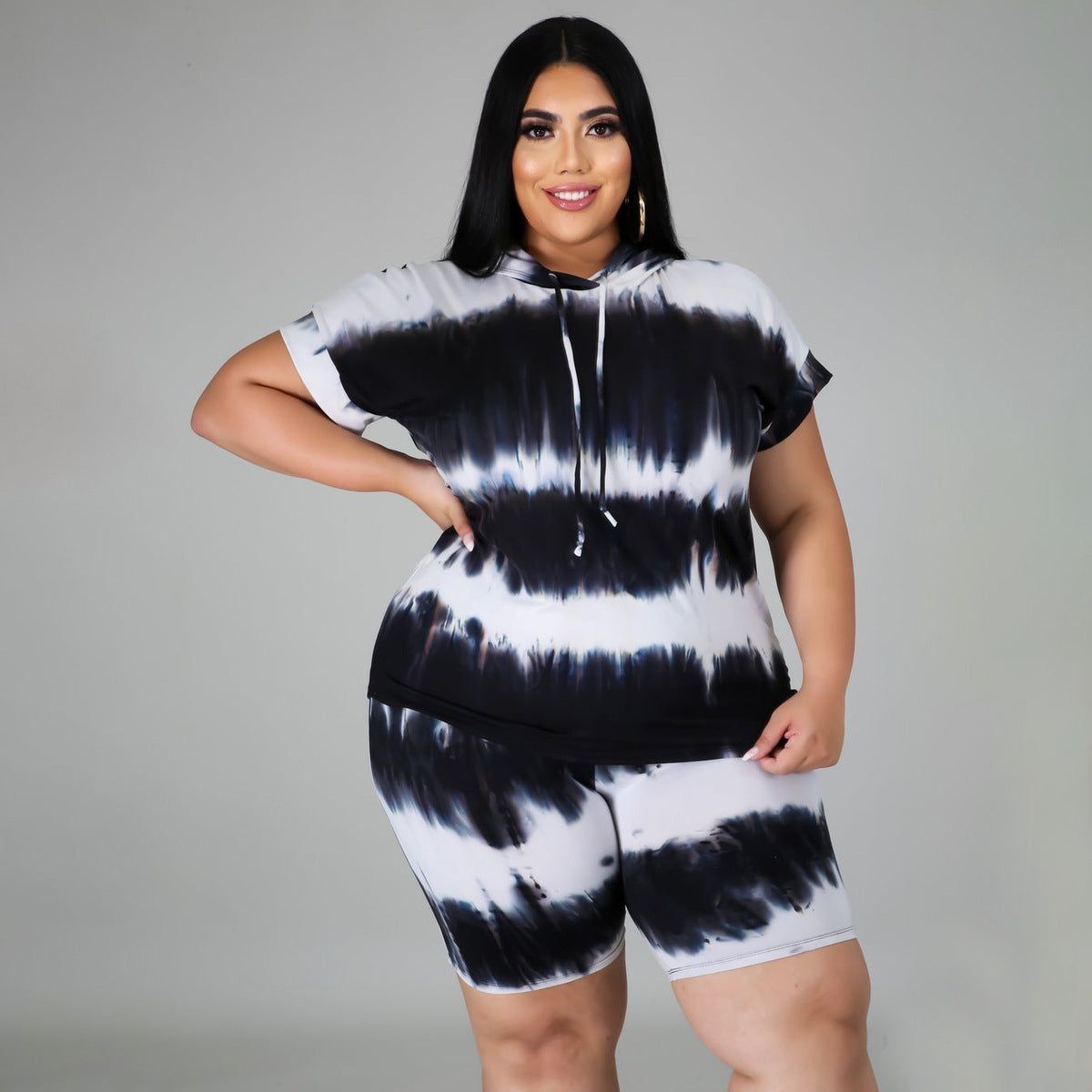 Women Casual Tie-Dye Shorts Two-Piece Set with Hoodies