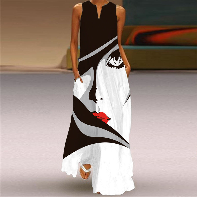 Vestido maxi sin mangas con cuello en V estilo bohemio informal de verano para mujer