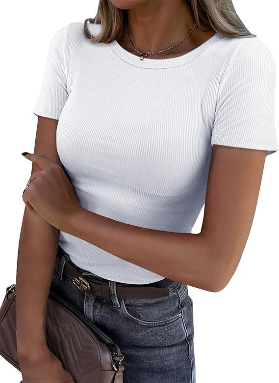 Camiseta de manga corta con canalé elástico de color liso para mujer