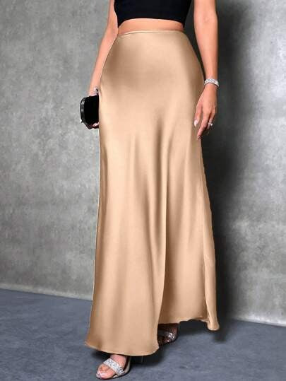 Women Fashion Casual Solid Color Satin Skirt