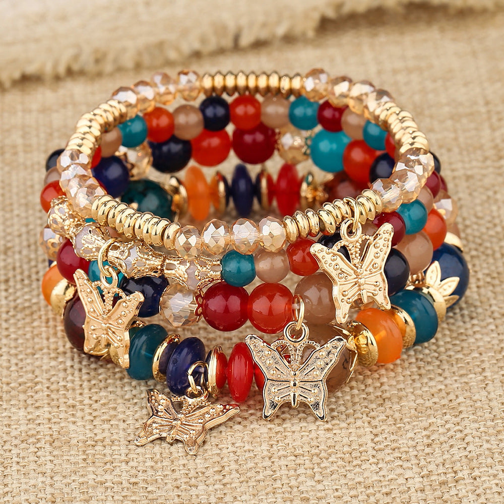 Bohemian Multi-Layer Beaded Butterfly Pendant Bracelet