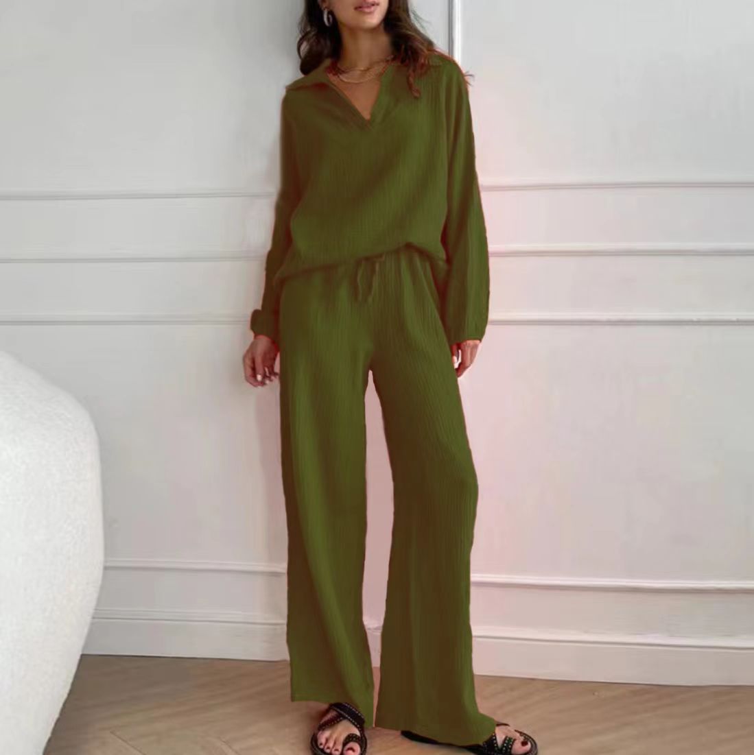 Ensemble deux pièces à col en V et couleur unie pour femme