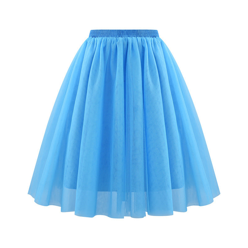 Women Fashion Elegant Solid Color High Waist Pleated Mesh Skirt