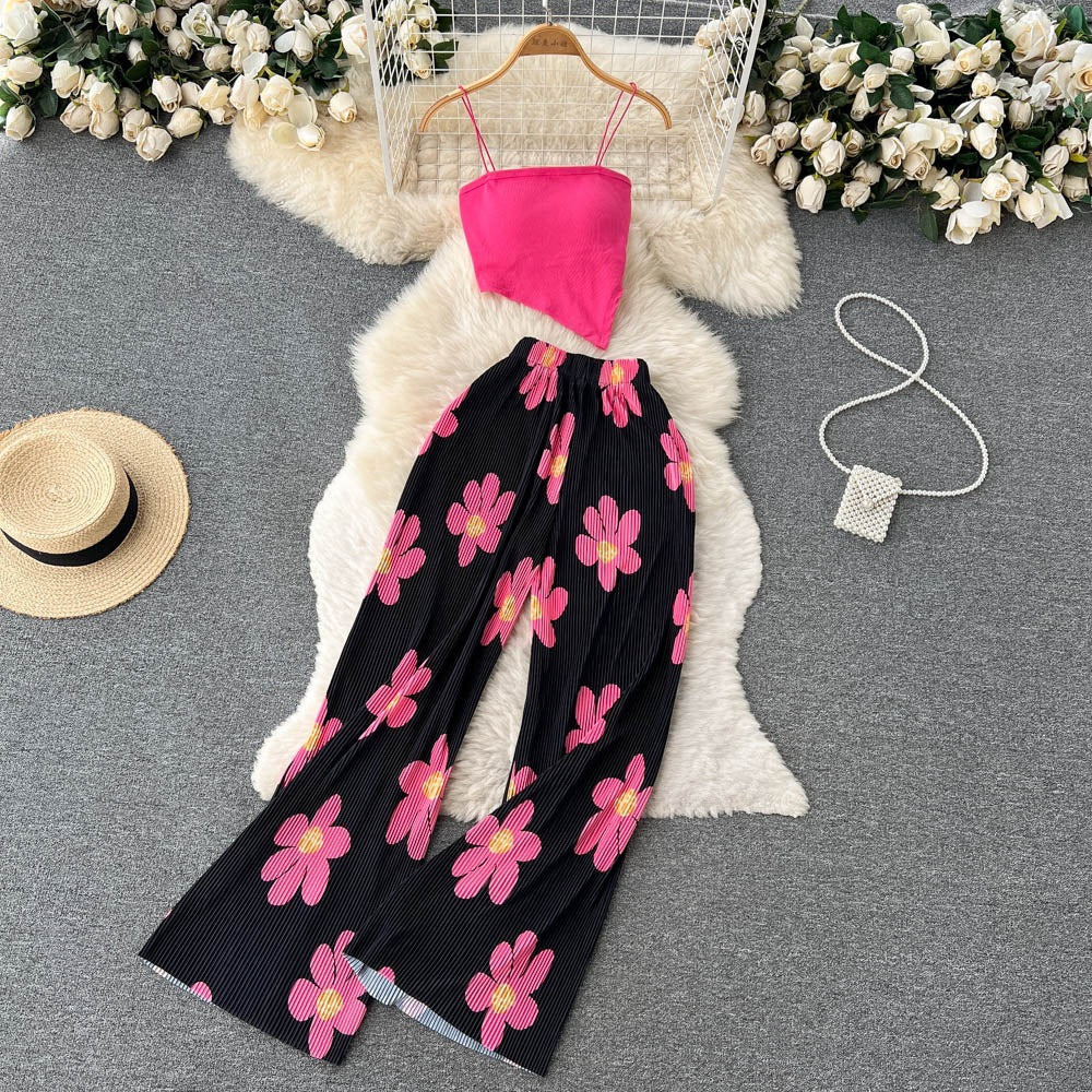 Ensemble deux pièces pour femme, caraco à bretelles spaghetti et pantalon large en tissu mélangé