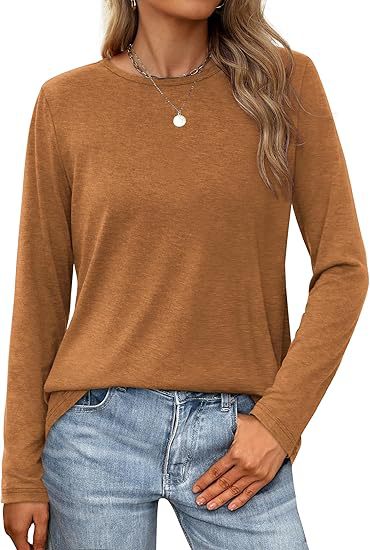 Summer Women Casual Solid Color Round Neck Long Sleeve Blank T-Shirt