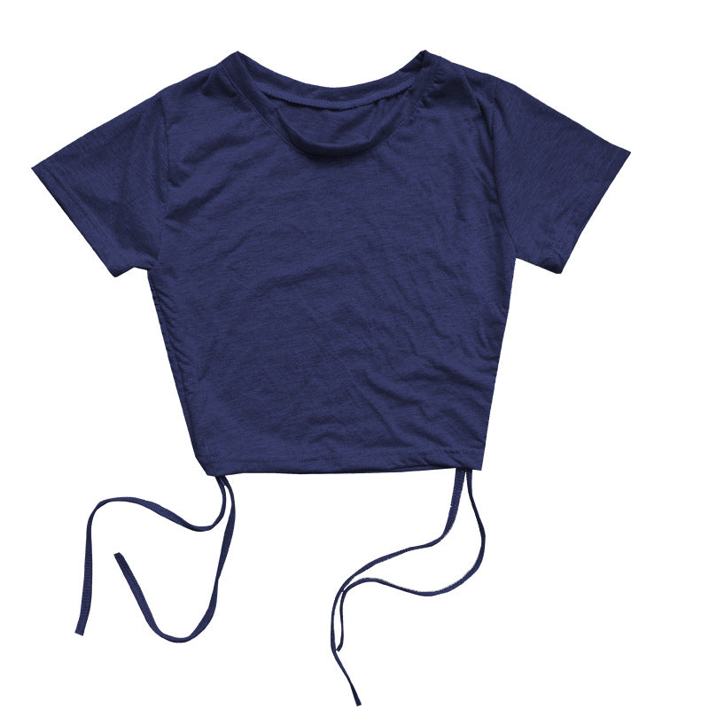 Top corto de manga corta con cordón ajustable, sexy, de color liso, a la moda para mujer