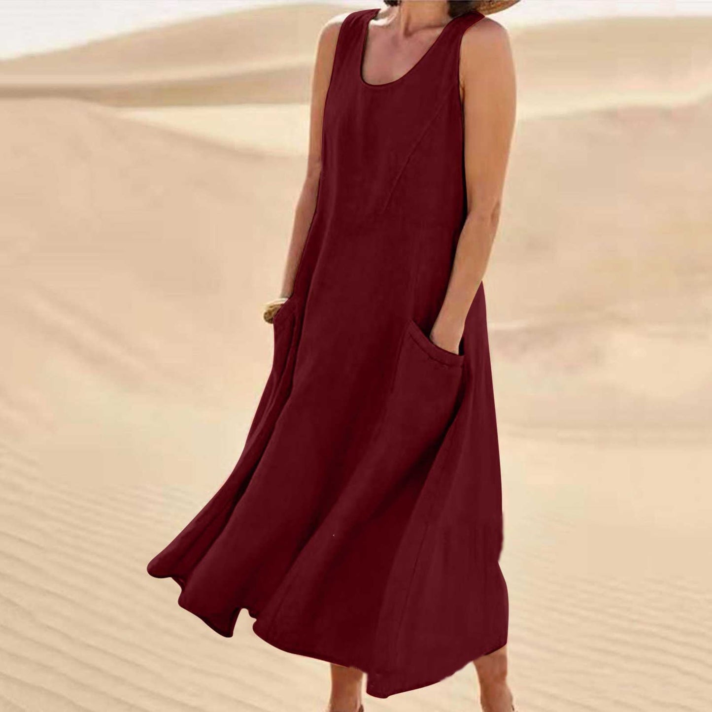 Robe d'été décontractée en lin de couleur unie pour femme