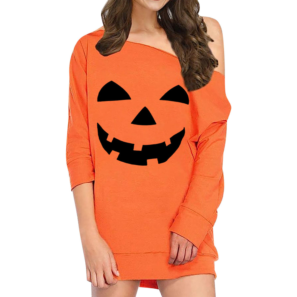 Vestido holgado de manga larga con estampado de calabaza y sonrisa de Halloween para mujer