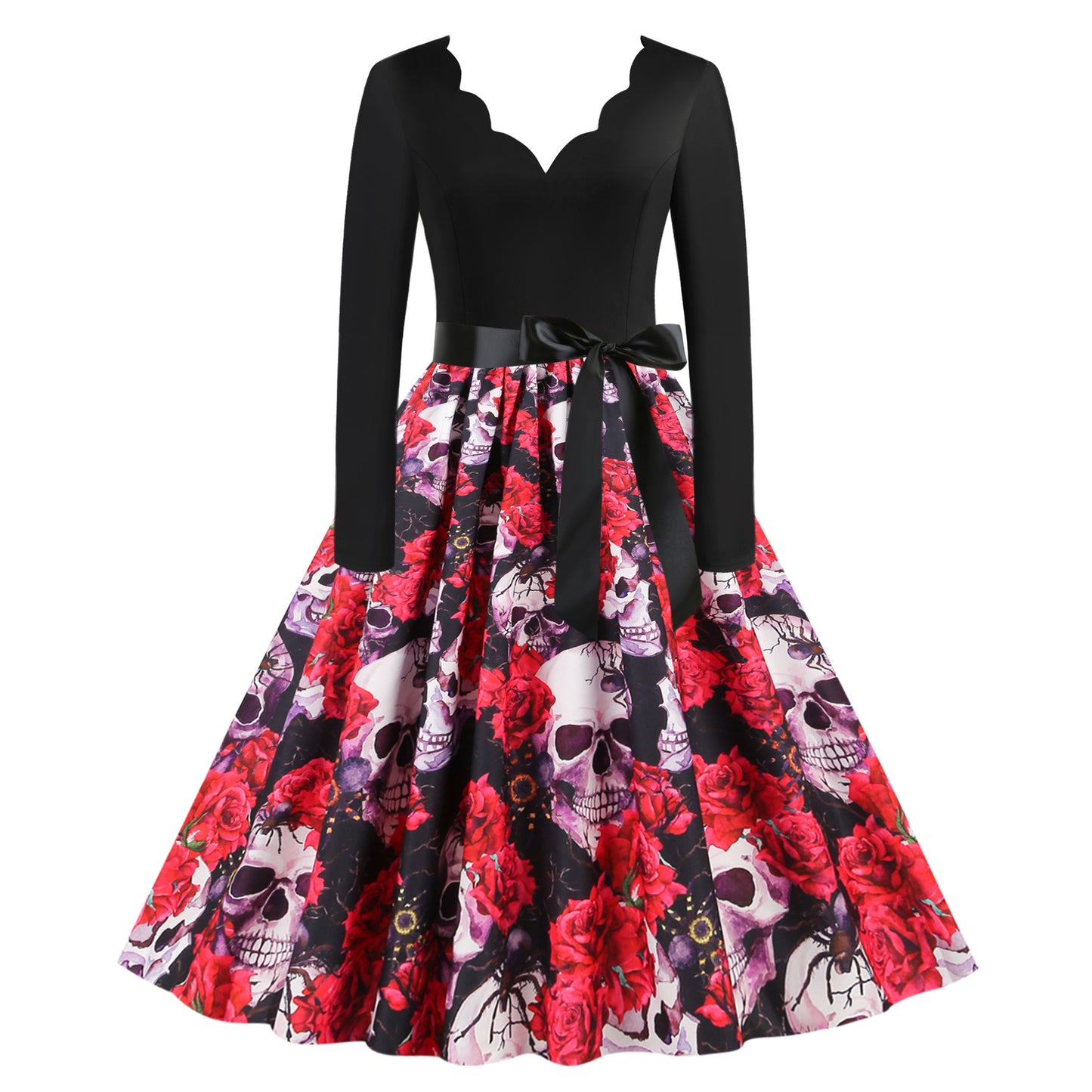 Vestido informal de Halloween con estampado de calavera y rosa para mujer