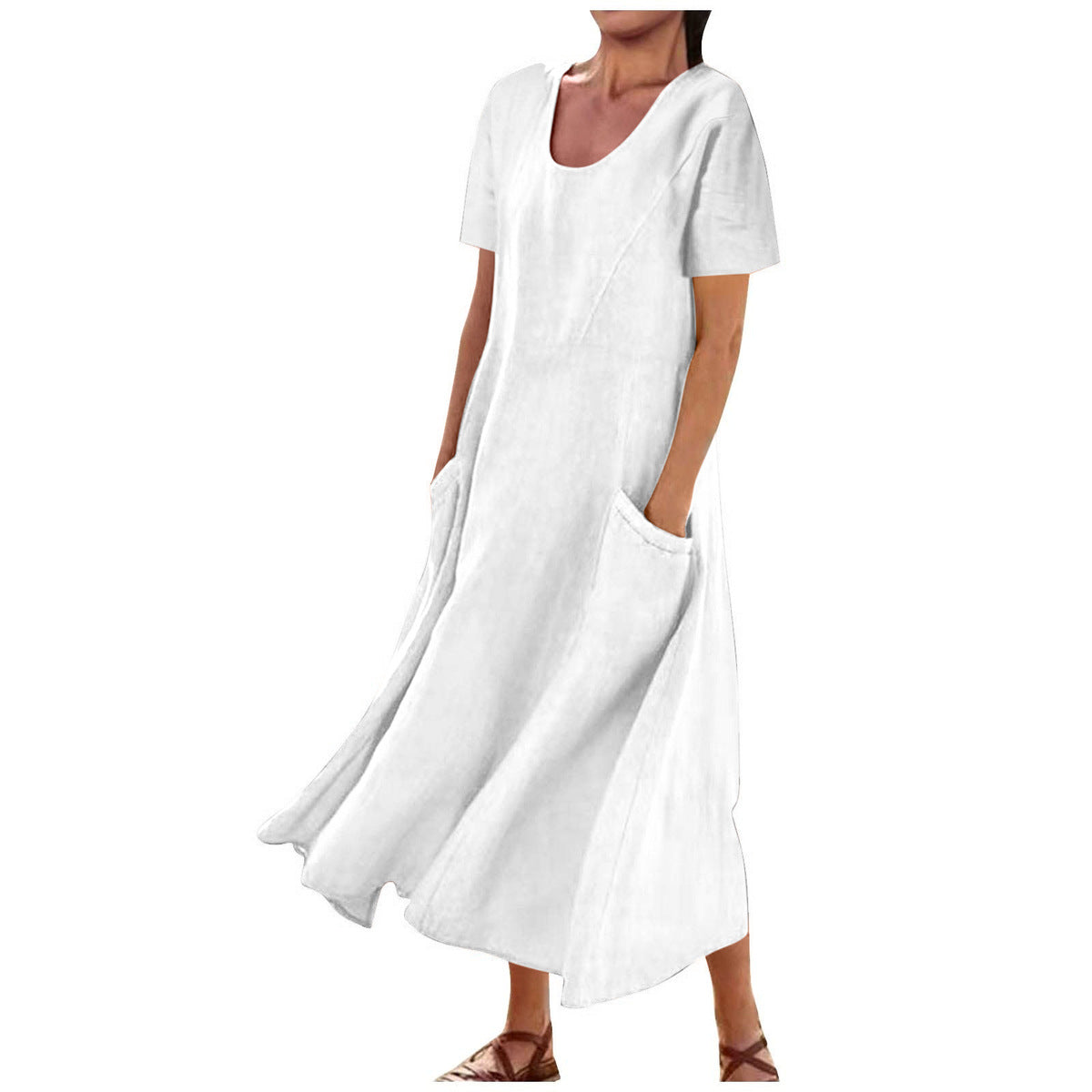 Vestido casual de lino y algodón de color liso para mujer
