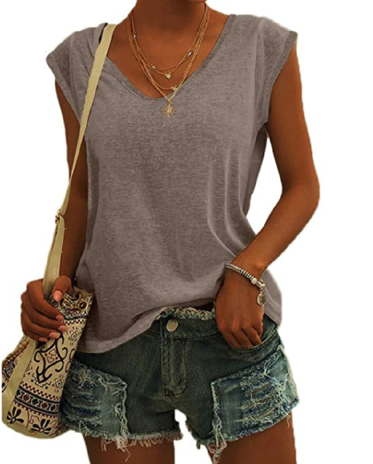 Summer Women Simple Solid Color V-Neck Blank T-Shirt