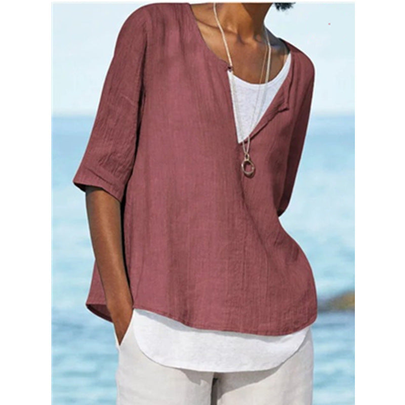 Blusa informal de lino con cuello en V y color liso para mujer