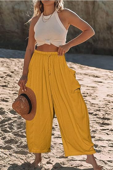Pantalones anchos de cintura alta de lino y algodón para mujer