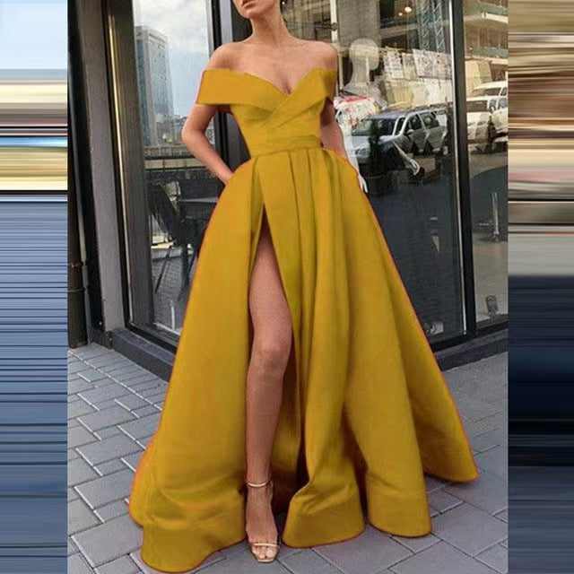 Women Sexy Elegant Satin Deep V-Neck Off Shoulder Party Dress