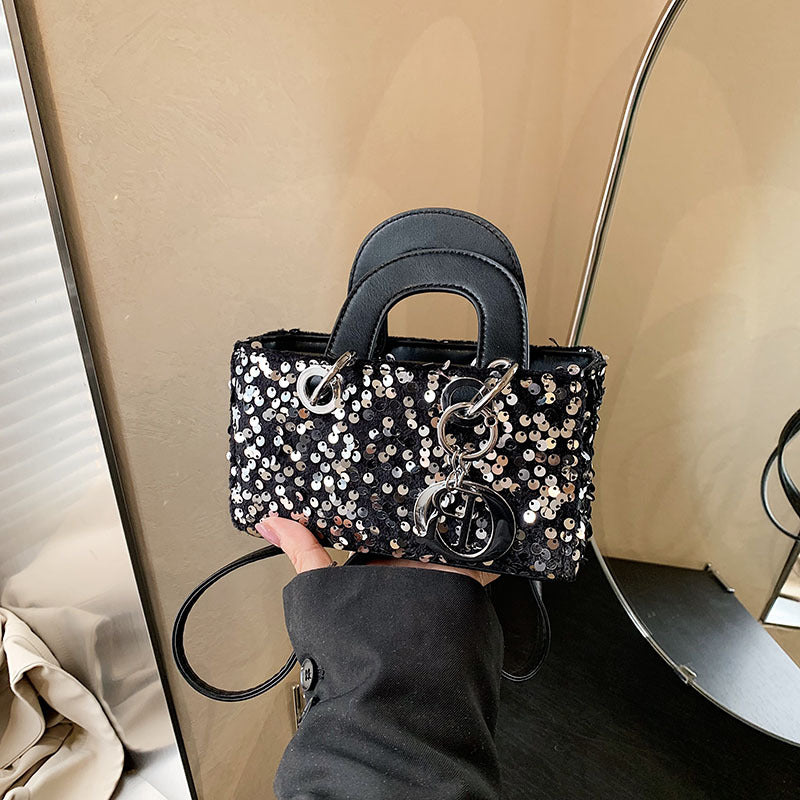 Mini bolso bandolera de verano con lentejuelas brillantes y correa de perlas