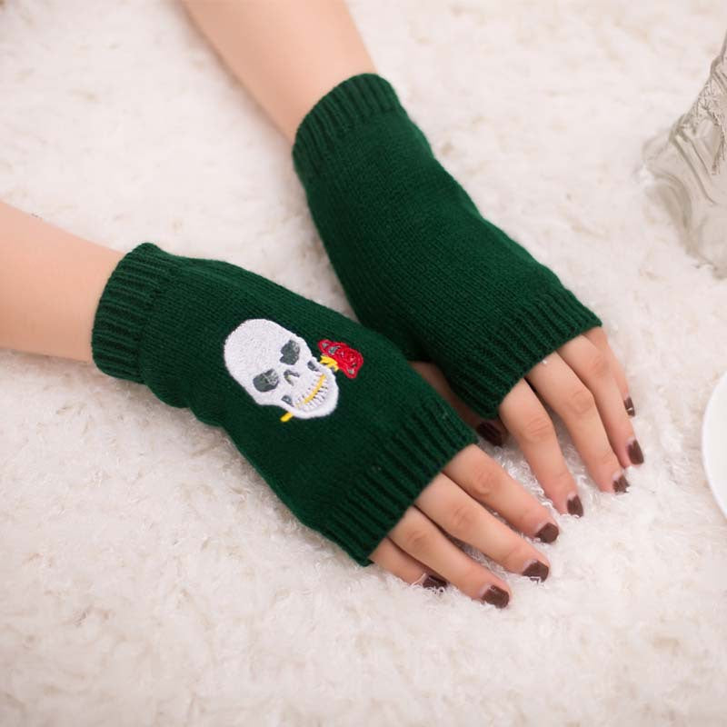 Halloween Autumn Winter Wool Embroidered Skull Gloves