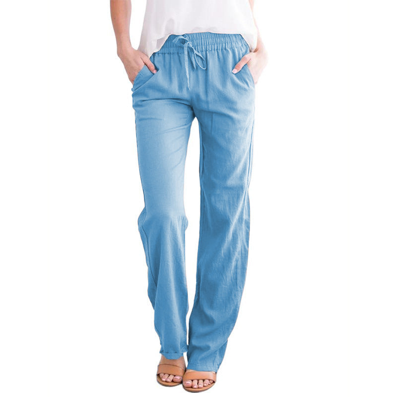 Pantalones casuales de algodón y lino de color sólido para mujer
