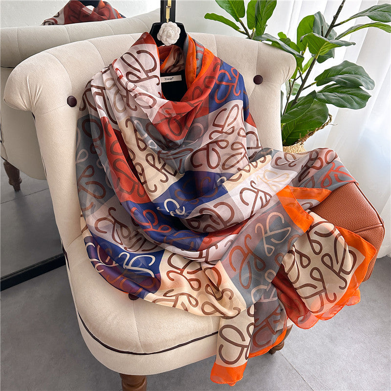 Summer Women Fashion Geometric Leaves Printed Silk Scarf
