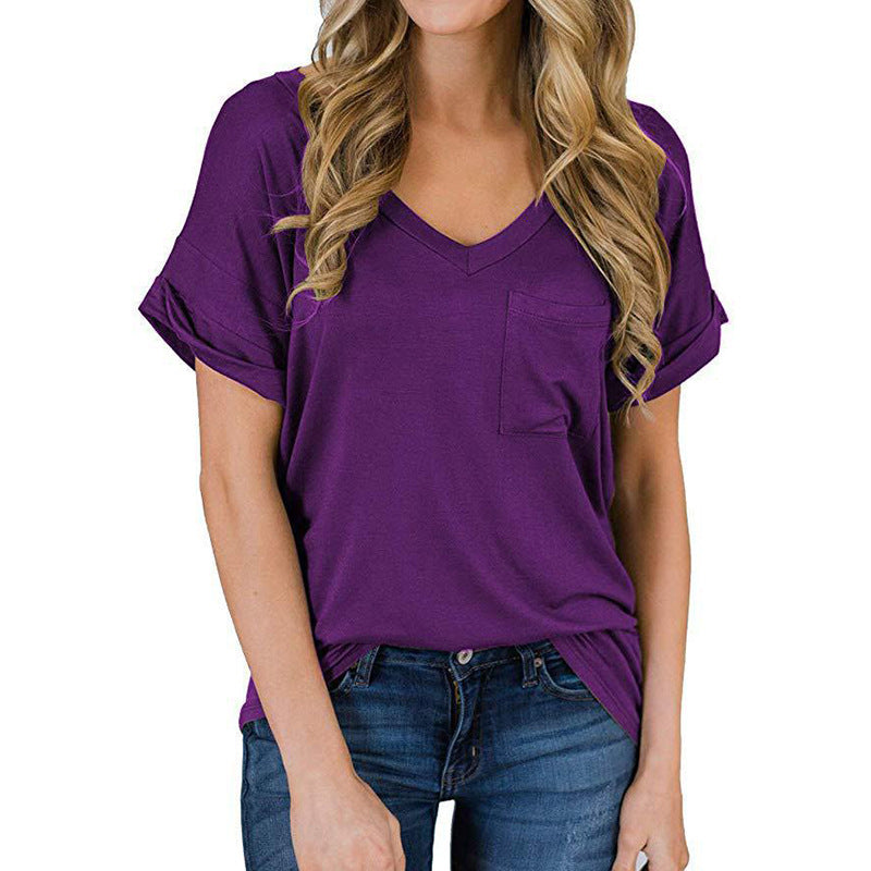 Camiseta lisa de manga corta con cuello en V para mujer