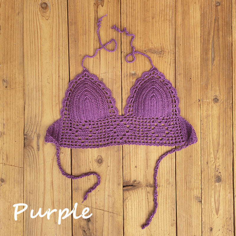 Top de bikini de crochet con cuello halter, sexy, de color liso para mujer