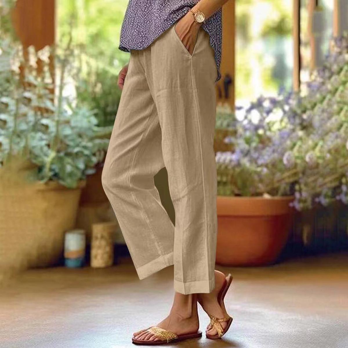 Pantalones casuales de lino y algodón de color liso a la moda para mujer