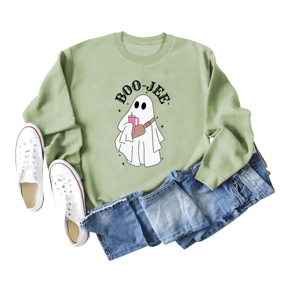 Sweat-shirt ras du cou imprimé fantôme de dessin animé pour femme Halloween