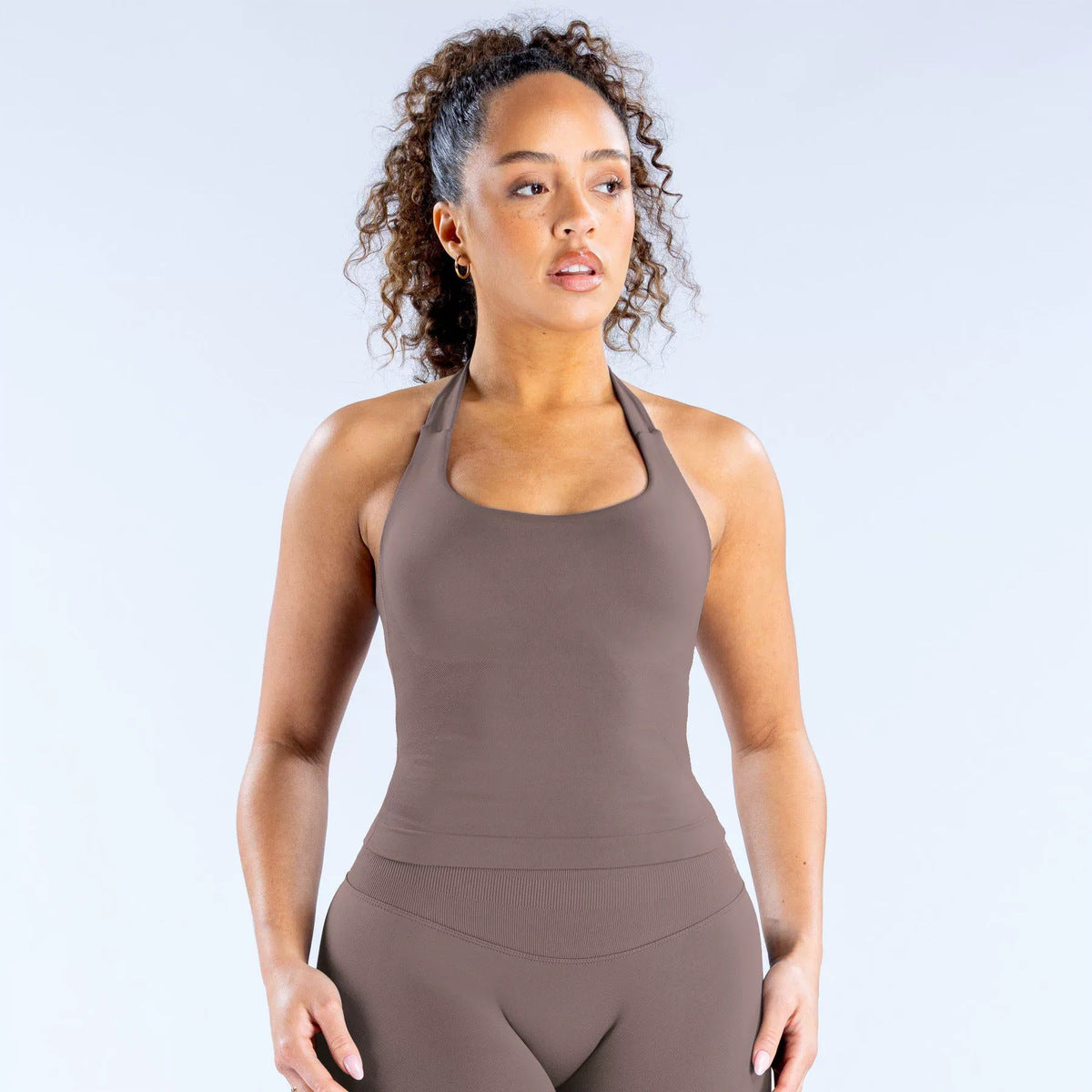 Débardeur de yoga sexy à col licou et couleur unie pour femme