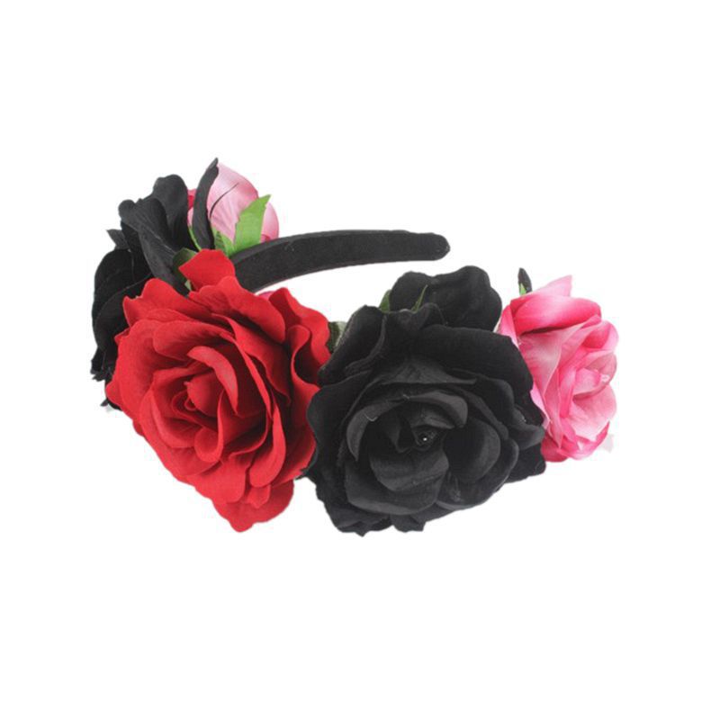 Bandeau de fleurs roses en tissu rétro pour fête d'Halloween