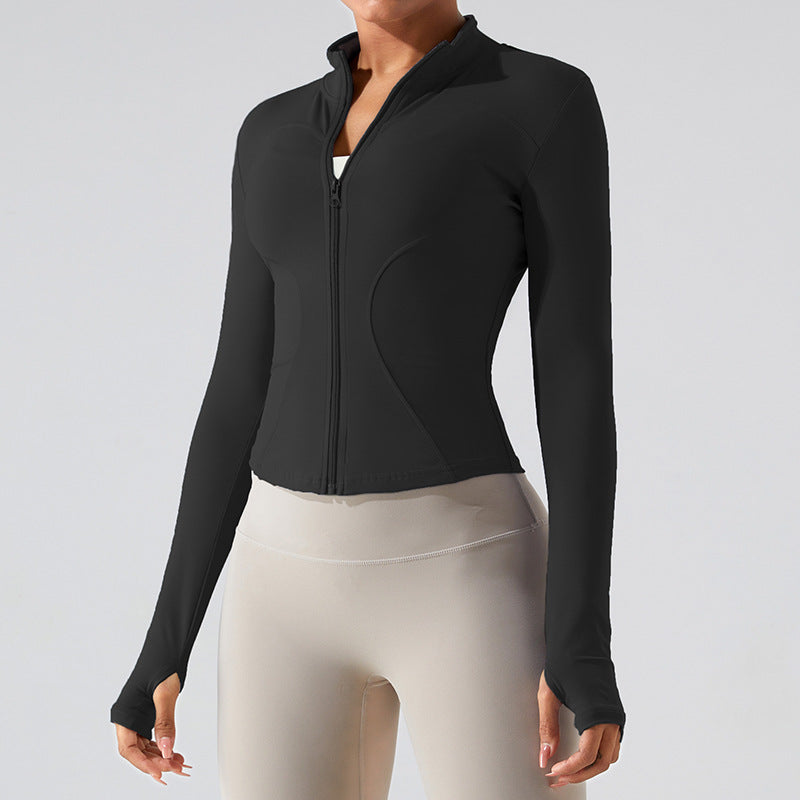 Veste de sport décontractée à manches longues et fermeture éclair pour femme, couleur unie, idéale pour le yoga