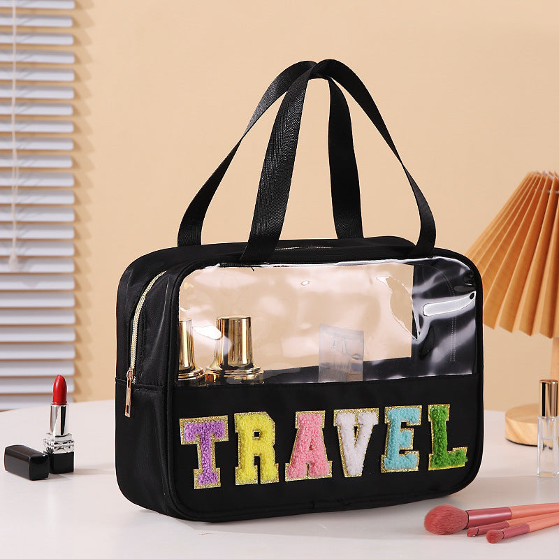 Bolsa de cosméticos transparente de PVC con letras bordadas