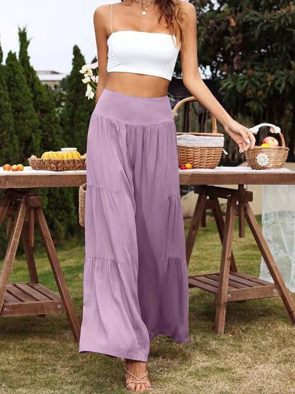 Summer Women Casual High Waist Cotton Linen Wide Leg Pants