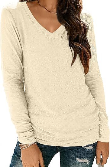 Women Fashion Casual Solid Color V-Neck Long Sleeve Blank T-Shirt