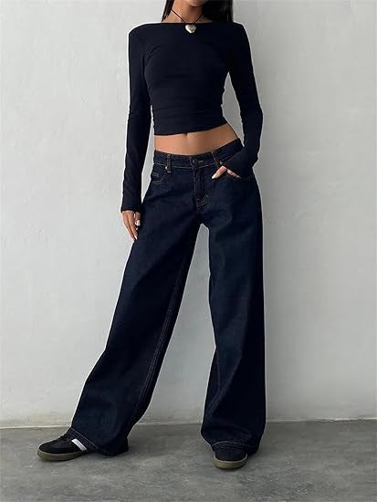 Vaqueros rectos de cintura baja de color liso retro casual para mujer