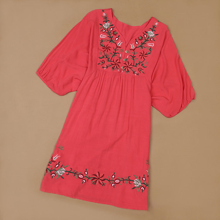 Women Casual Boho Floral Embroidered V-Neck Short-Sleeve Dress