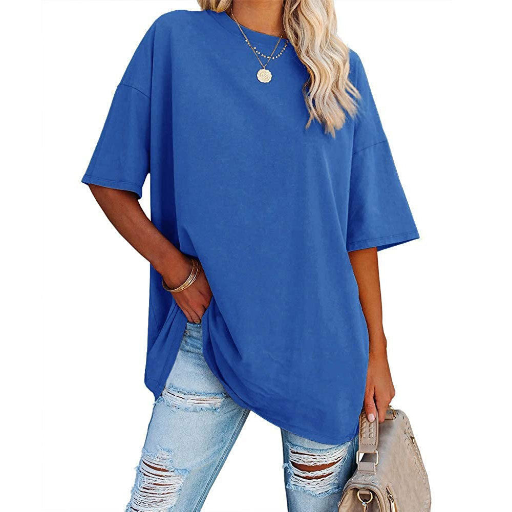Camiseta informal de manga corta con cuello redondo para mujer, lisa, holgada y lisa