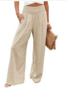 Pantalones anchos casuales de algodón y lino para mujer