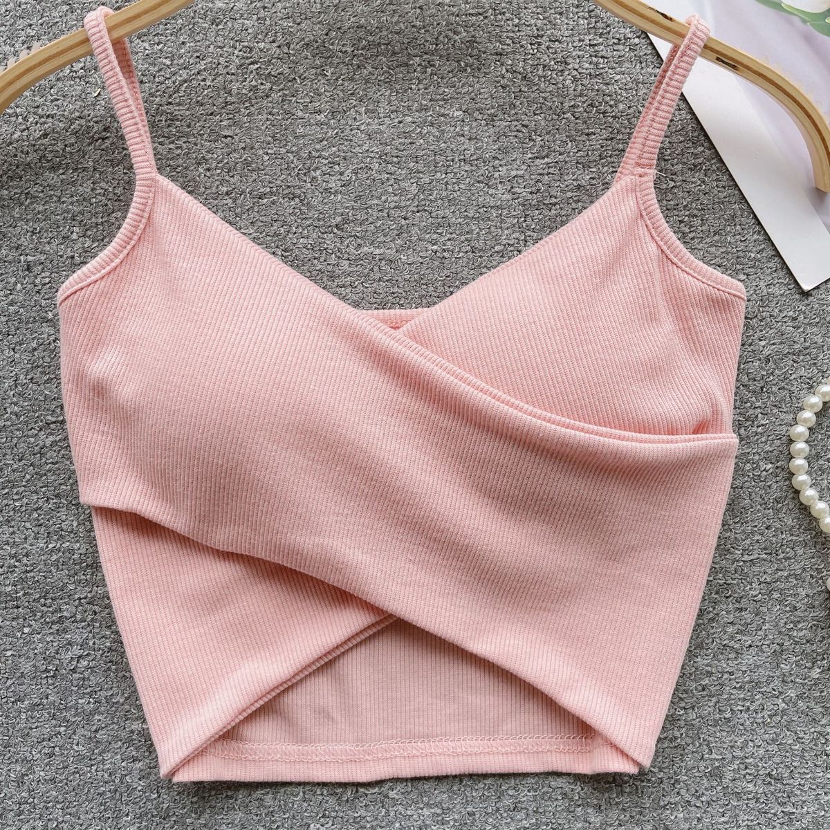 Camisola corta sexy de color liso con hilo cruzado para mujer