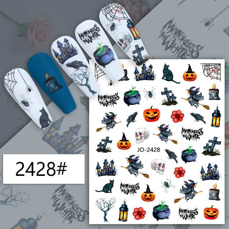Autocollants pour ongles Halloween, motif crâne, citrouille, chat noir