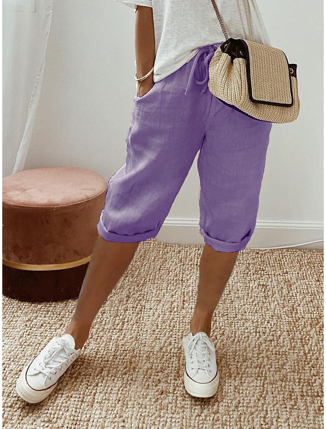 Pantalones casuales de lino y algodón de color liso a la moda para mujer