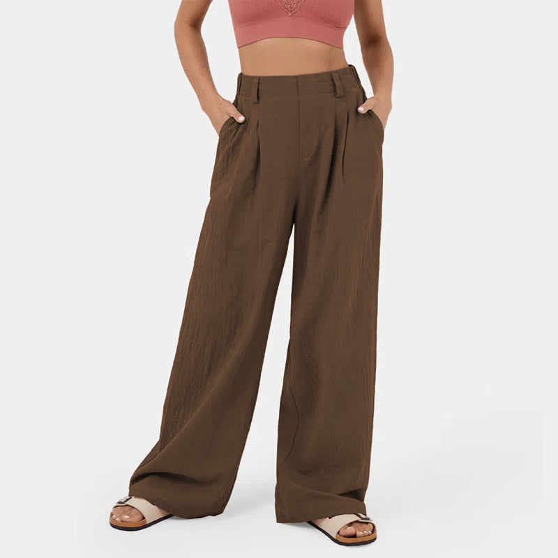 Pantalones casuales de algodón con cintura alta y pierna ancha para mujer